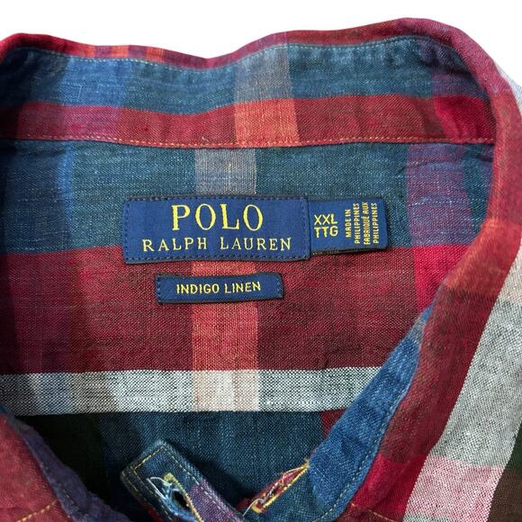 Polo Ralph Lauren Indigo Linen Button Down Men's XXL Red Dark Green Large Plaid* - Picture 4 of 8